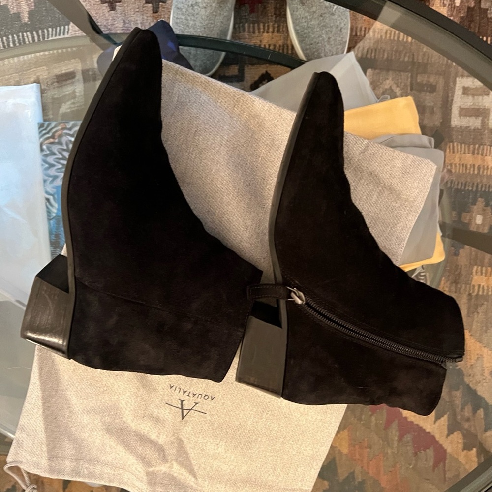 Black suede Aquatalia bootie with low heel. Size 9.5. Good shape